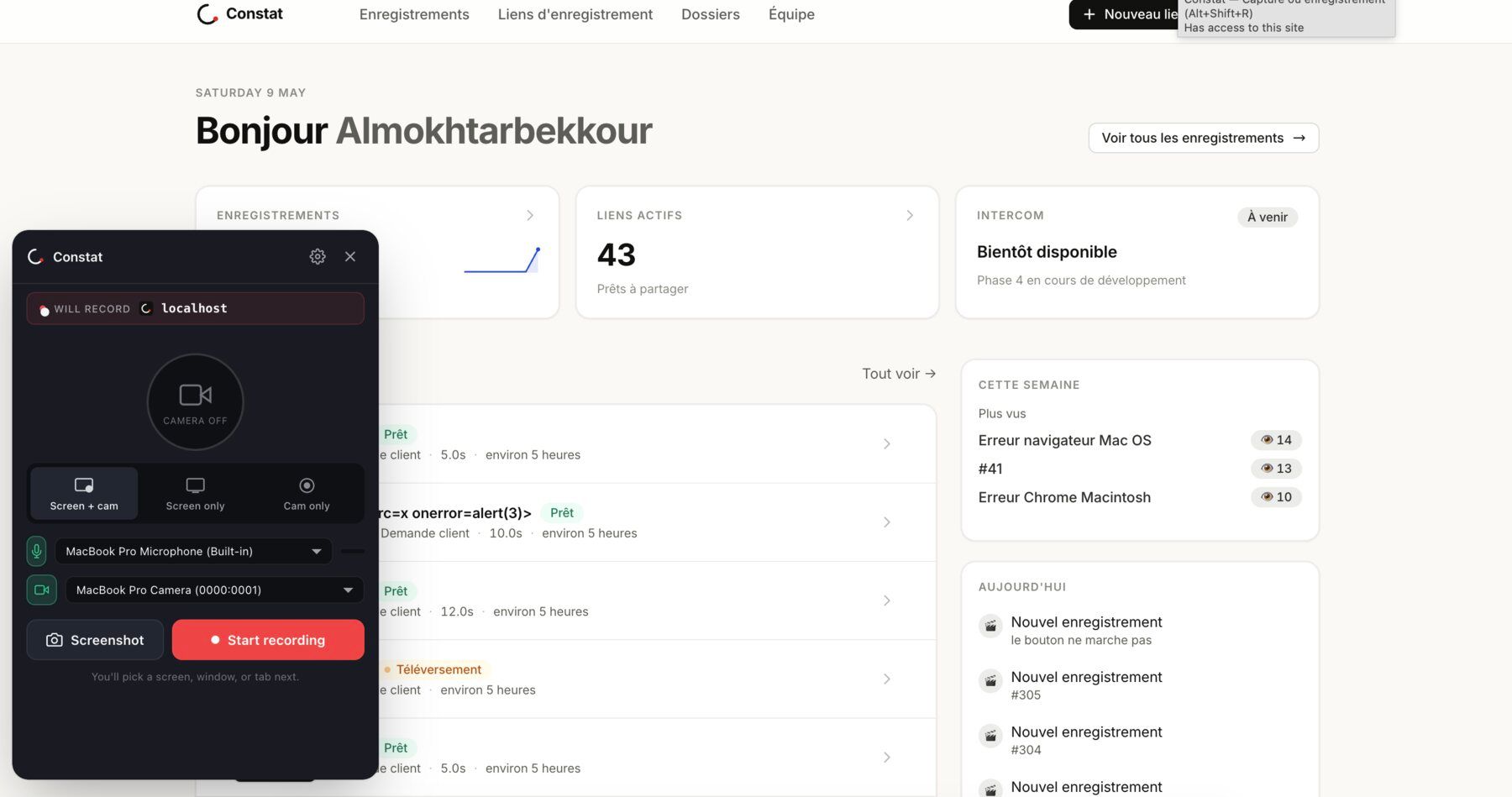 Constat dashboard with the in-browser screen recorder