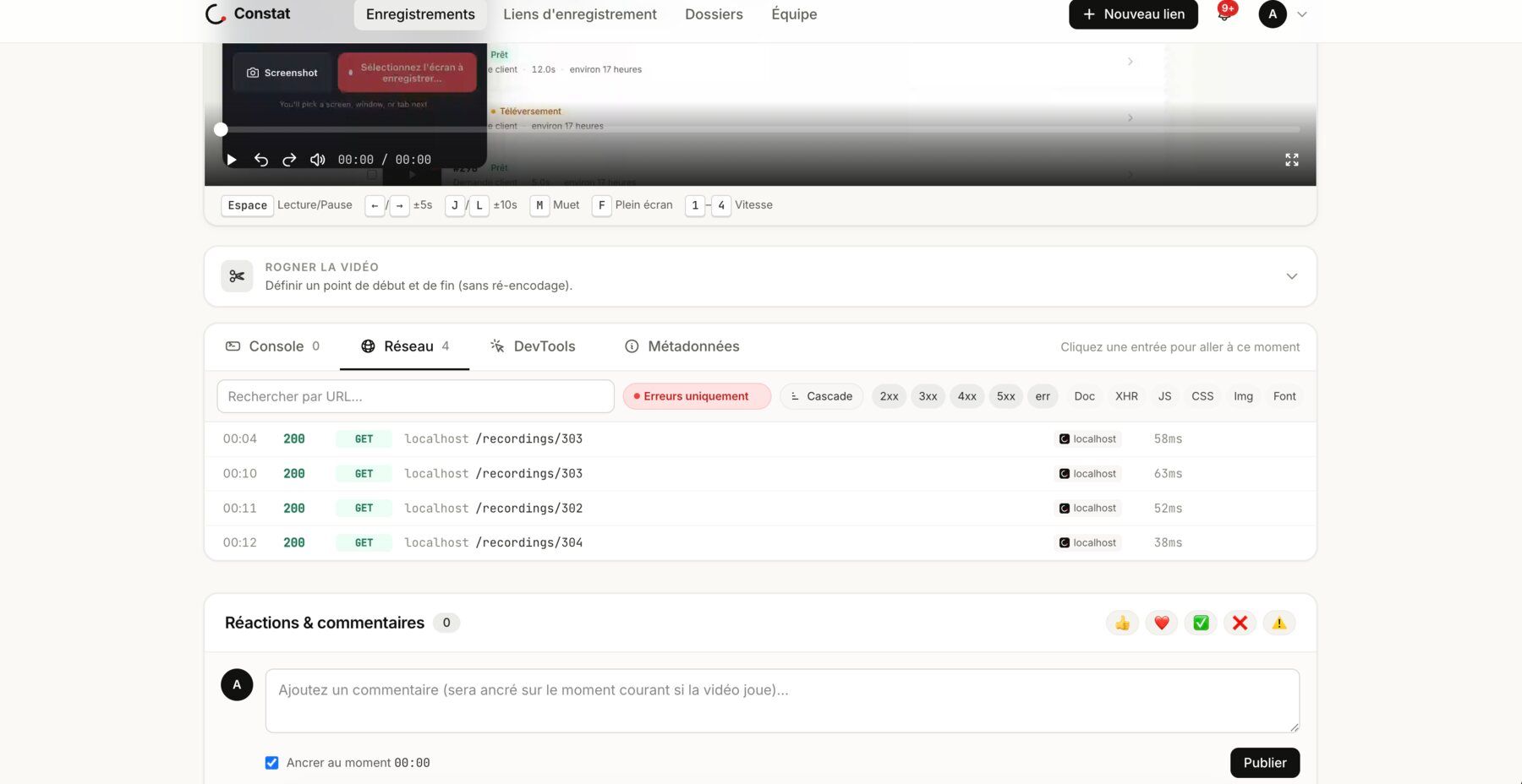 Session replay with the console and network captured alongside