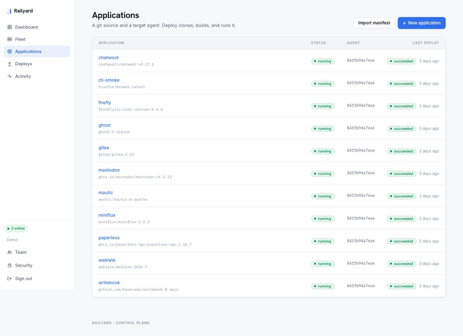 Railyard's dashboard with real open-source apps deployed and running