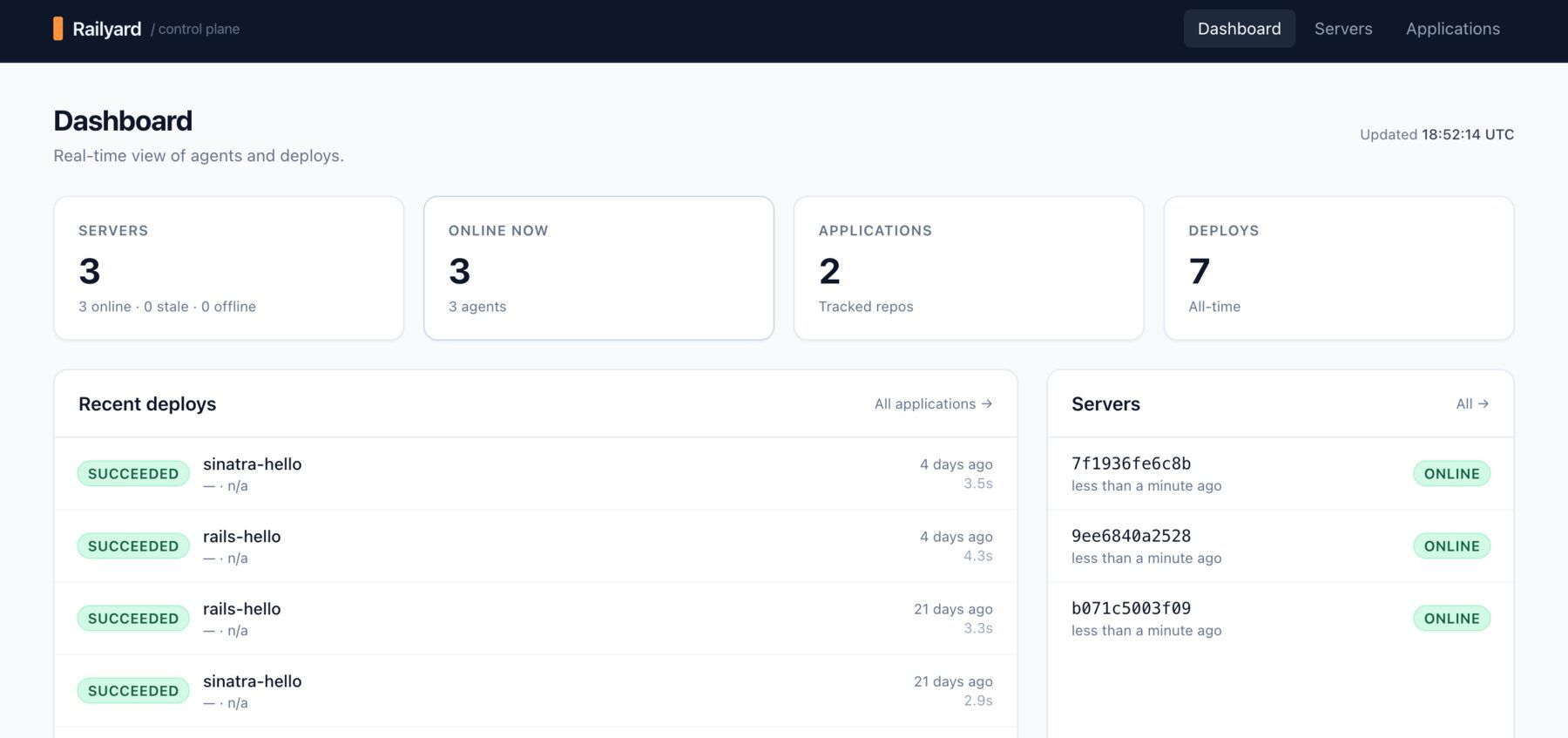 Railyard control plane — servers, agents and recent deploys