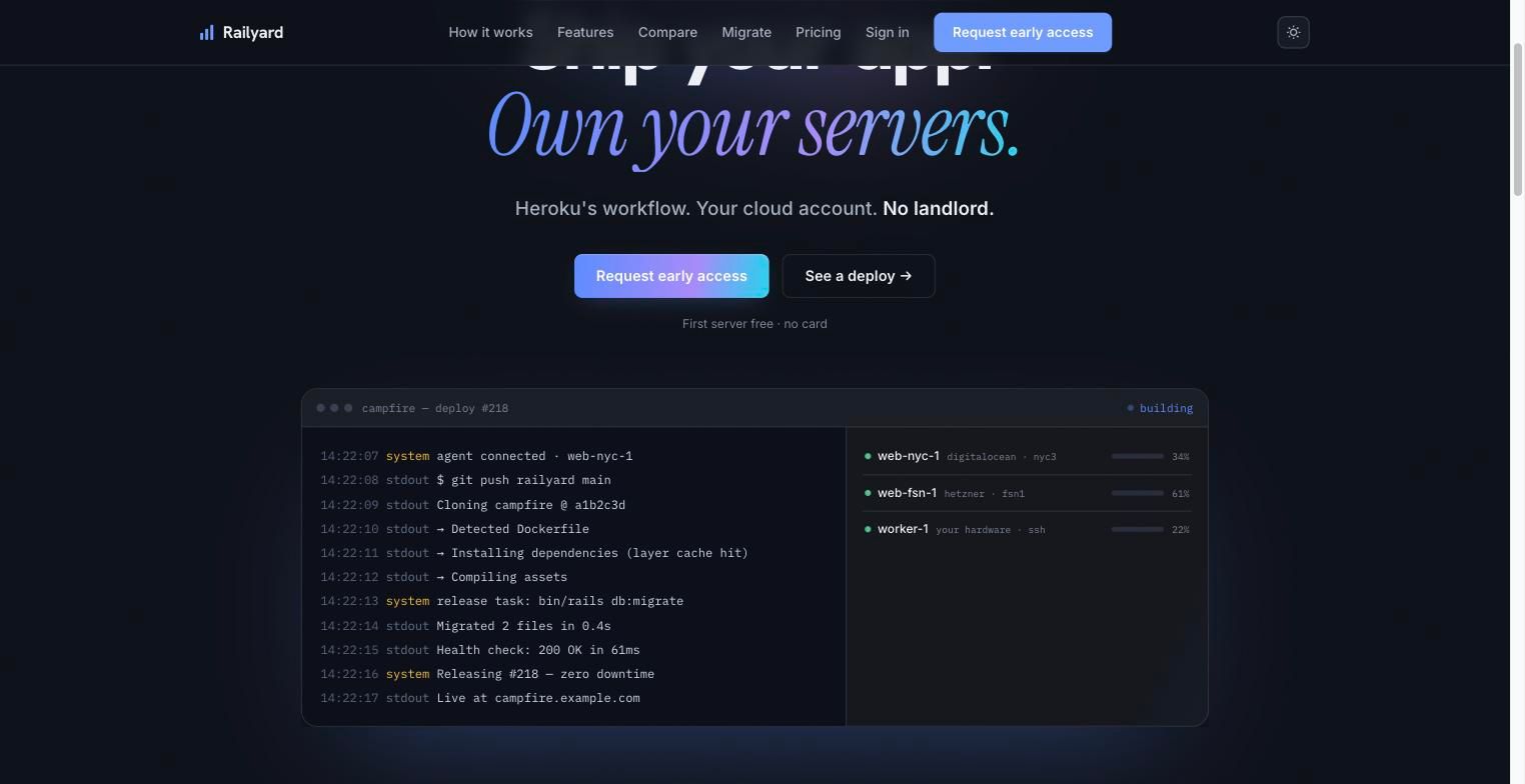 Railyard's landing page — ship your app, own your servers, with a live deploy console